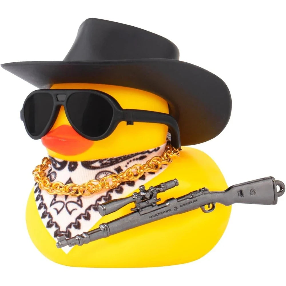 Car Rubber Duck Ornament Cool Car Accessories Duck Car Dashboard Decoration Cowboy Hat Duck with Weapon Necklace, AK47 M416