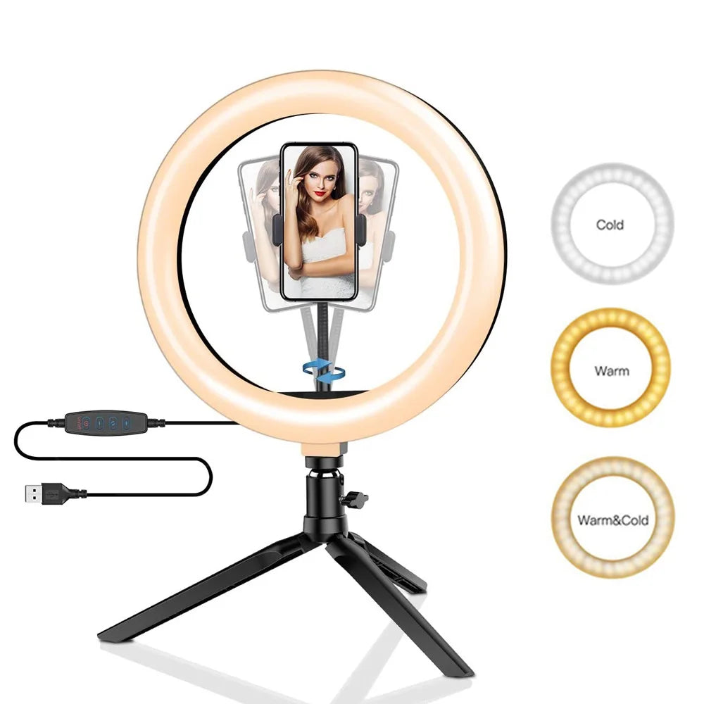 26cm (10") LED Selfie Ring Light, Photography Lighting Kit, USB Charging Lamp with Tripod for Live Video, 120 Beads