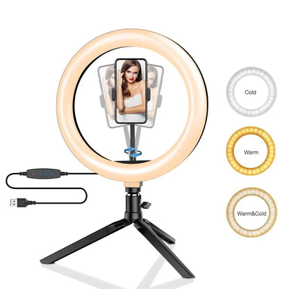 26cm (10") LED Selfie Ring Light, Photography Lighting Kit, USB Charging Lamp with Tripod for Live Video, 120 Beads