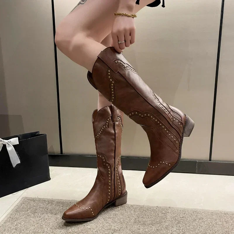 2025 New Women's Boots Low Heel Cowboy Western Short Leather Knee High Luxury Designer Gothic New Rock Shoes Vintage
