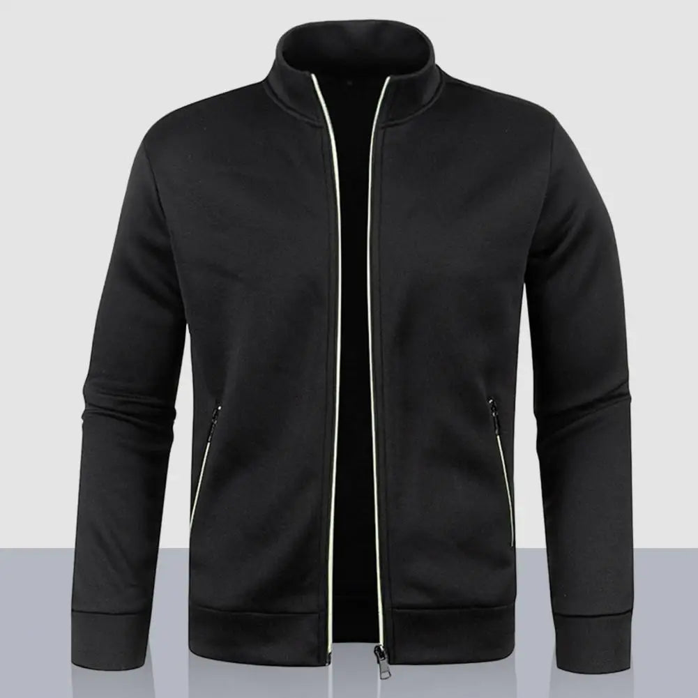 Stand Collar Long Sleeves Pockets Zipper Placket Sweatshirt Coat Men Spring Autumn Solid Color Plus Size Sport Outerwear