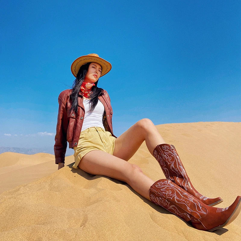 Women's boots genuine leather embroidery knee-length western cowboy boots high heels retro all-match knight fashion boots