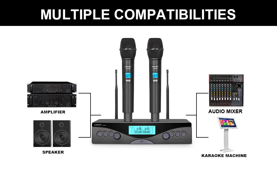 Sans fil Microphone G-MARK G320AM Professionnel UHF 2 Canaux Karaoké Mic De Poche Automatique Fréquence Réglable 100M