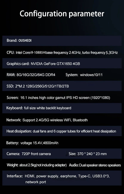 New16.1 Inch 10th Gaming Laptop Intel Core I9-10880H I I7-10880H Nvidia GTX 1650 4G Windows 10/11 Gaming Laptop Metal Ultrabook