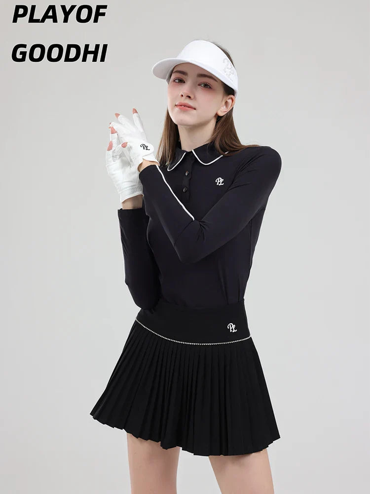 Female Golf Clothing Long Sleeve Golf T-shirt Women Polo Collar Golf Tops High-waist Pleats Skirt Golfer Skorts with Inner Short