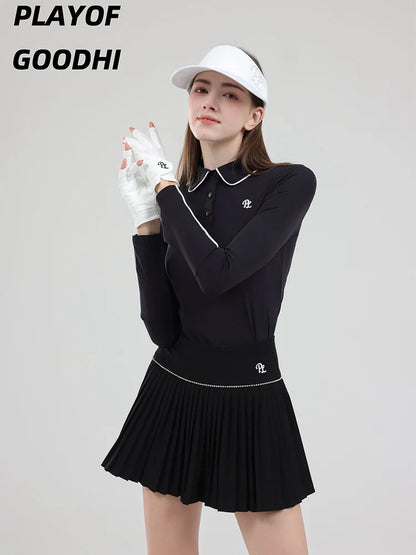 Female Golf Clothing Long Sleeve Golf T-shirt Women Polo Collar Golf Tops High-waist Pleats Skirt Golfer Skorts with Inner Short