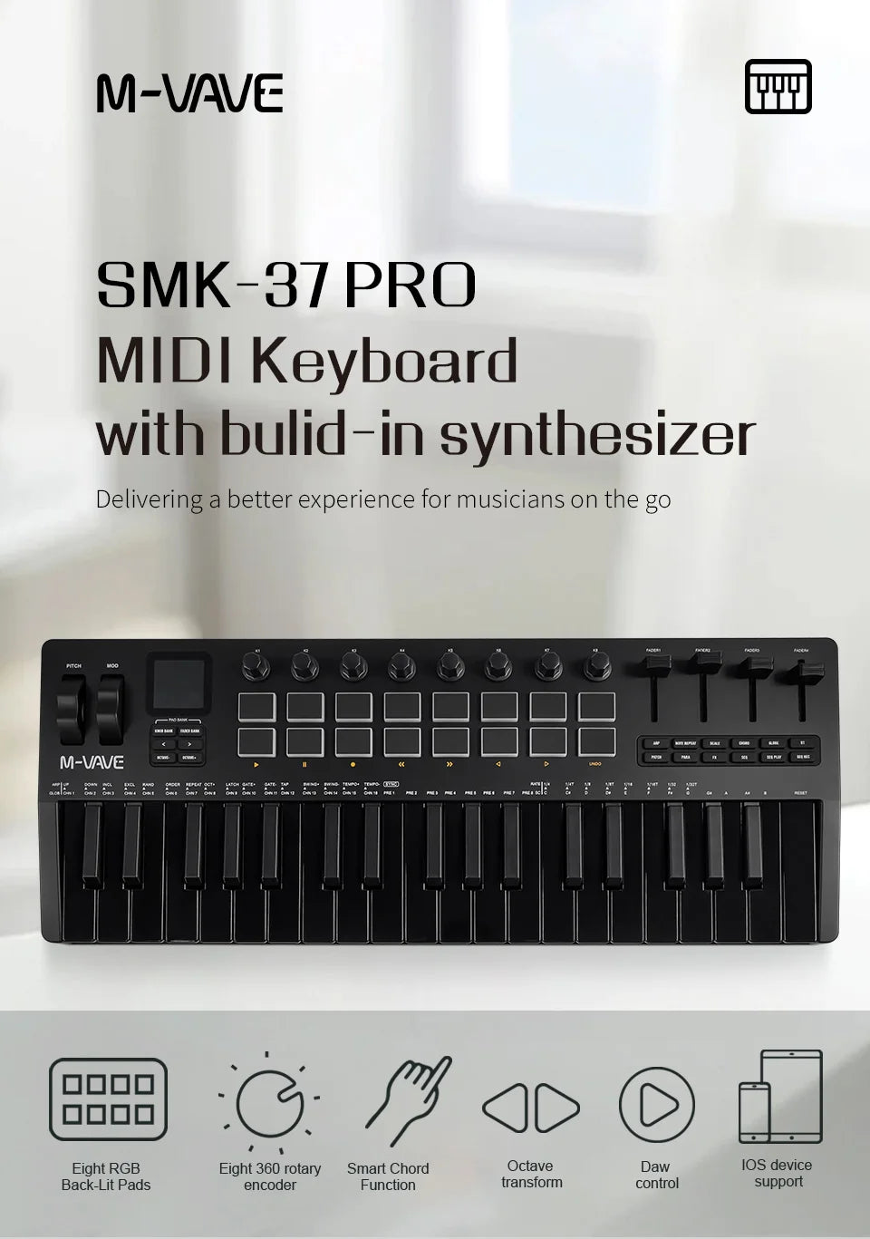 Clavier MIDI M-VAVE All Black PRO 37 touches, 16 tampons RGB, 4 faders, 8 encodeurs, moteur de synthétiseur FM DX-7 intégré, 5 couleurs en option