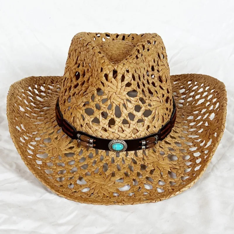 Ethnic Style Western Cowboy Straw Hats Women Handmade Hollowed Sun Hats Shapeable Beach Hat Panama with Detachable Chin Strap
