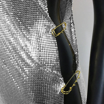 Shiny Y2k Metallic Sequins Mini Dresses For Women Sleeveless Backless Sexy Low Cut See Through Sexy Solid Clubwear Party Dress