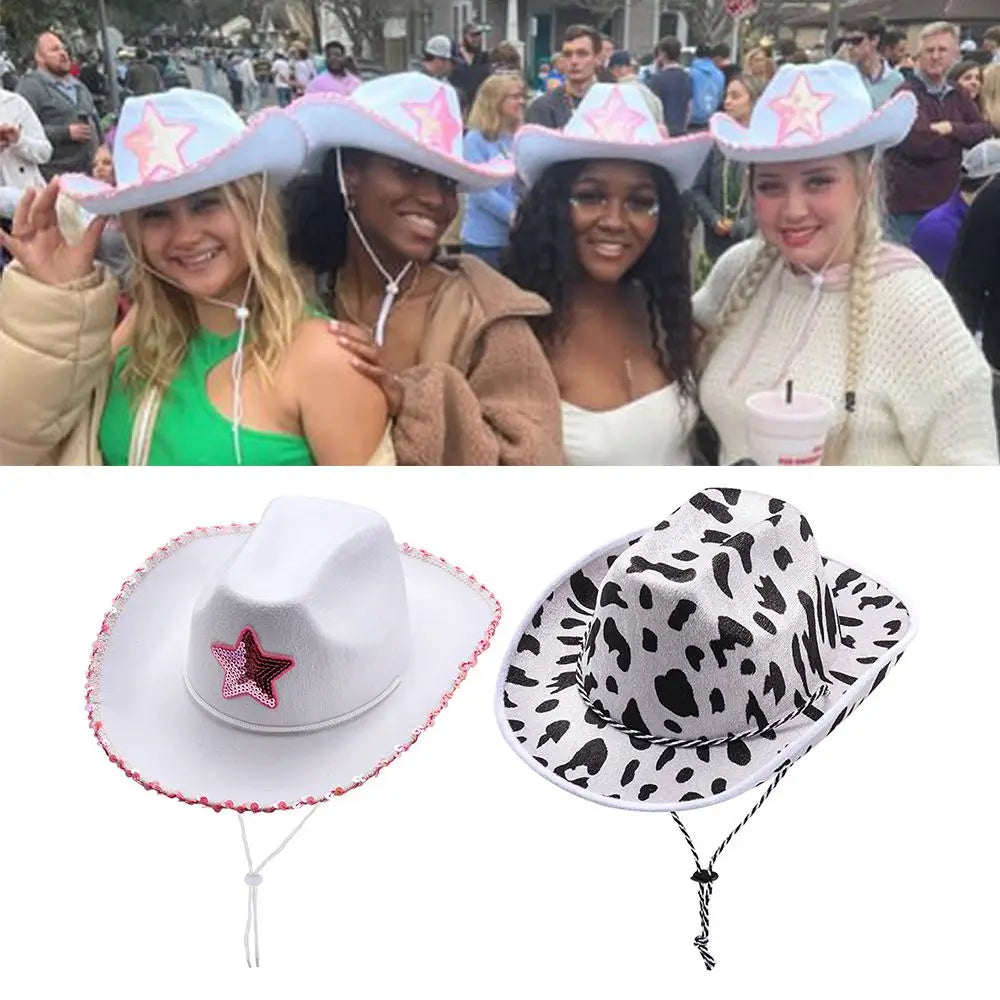 White Cowgirl Hat, Pink Star Cowgirl Hat with Sequin Trim, Fringe, Adjustable Neck, Drawstring, Adult Cowboy Hat for Costume Party
