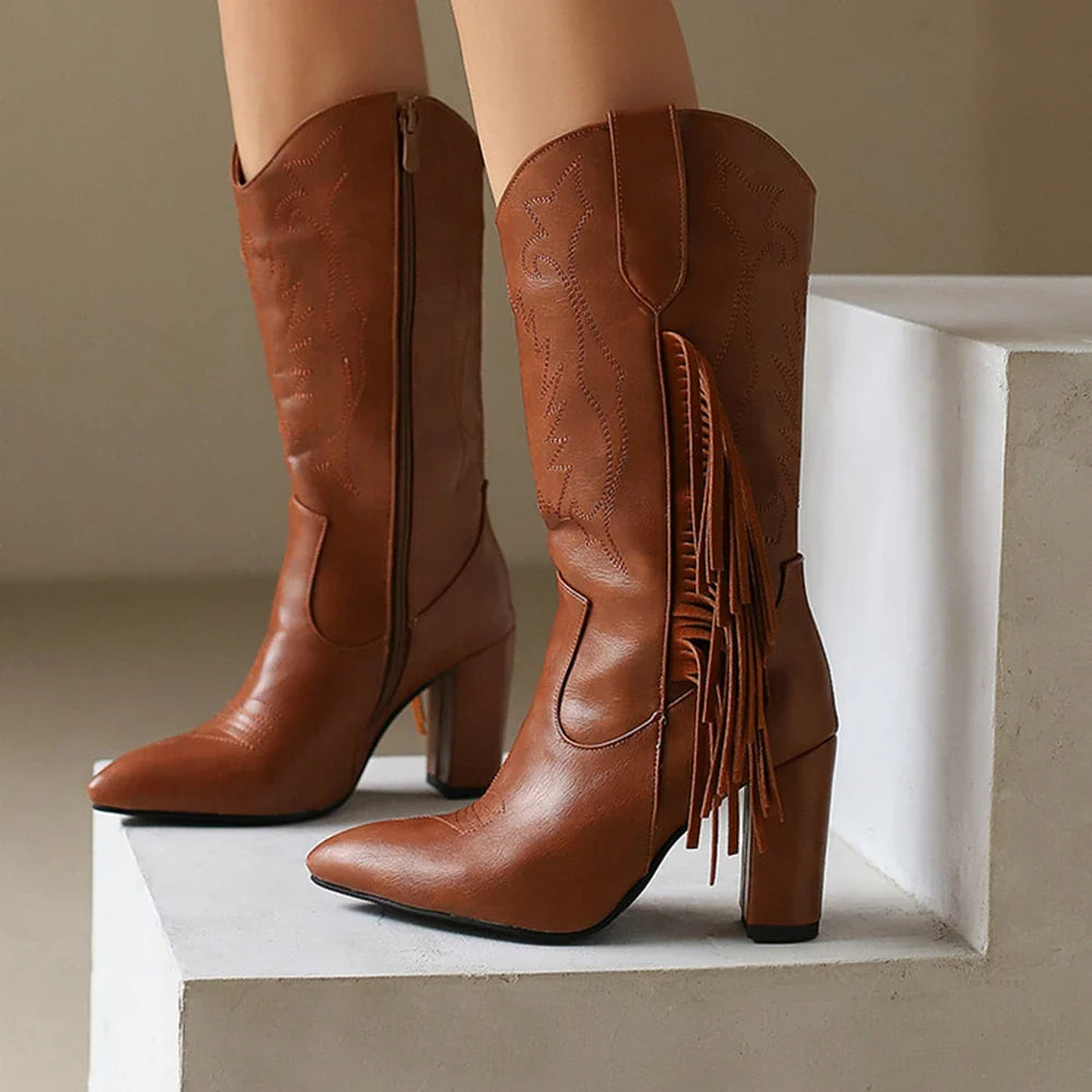 Botas De Mujer bottes De Cowboy occidentales brodées femmes mode pointu gland côté fermeture éclair genou bottes hautes chaussures gothiques 8508
