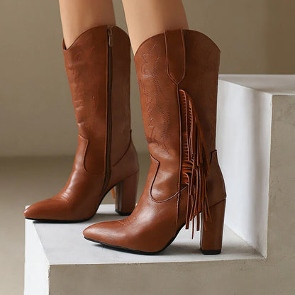 Botas De Mujer bottes De Cowboy occidentales brodées femmes mode pointu gland côté fermeture éclair genou bottes hautes chaussures gothiques 8508