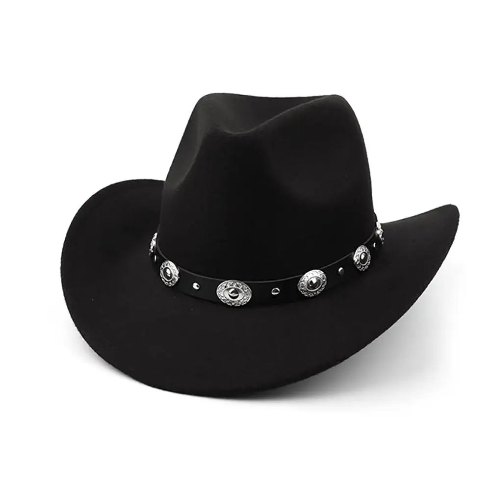 Chapeau de cowboy occidental classique noir confortable, à bord retroussé, avec boucle de ceinture, pour femme, Fedora, Sombrero, Jazz, Cowboy