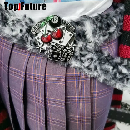 Y2K-Harajuku Western Cowboy Furry Snowleopard Punk Skull Belt, Gift for Women and Men, Girls