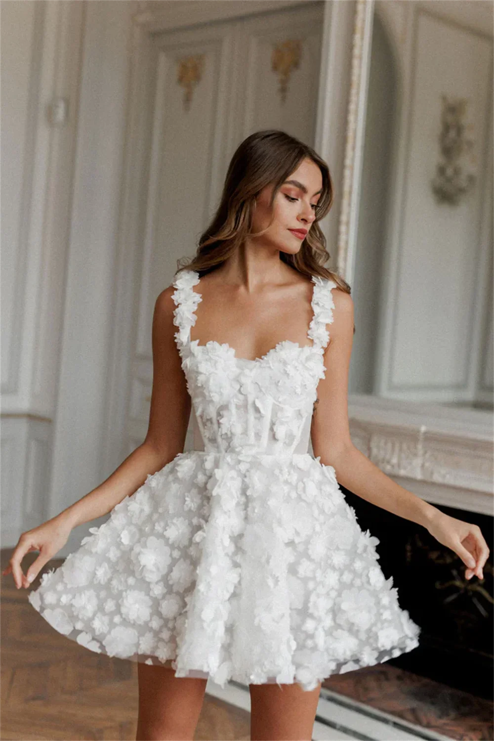 Amanda Custom White Short Evening Dress, Floral Lace, Embroidered, Lace-Up, Spaghetti Straps, Party Wear