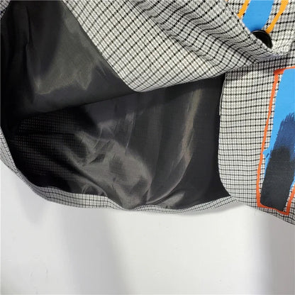 Women Letters Graffiti Checked Blazers Coat Plaids Suits Jacket Mid Length OL Turn Down Collar Cardigan Crop Tops Jaqueta