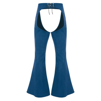 Womens Faux Suede Leather Cowboy Pants Vintage Adjustable Waist Hollow Out Bell Bottoms Biker Pants Riding Motorcycle Trousers
