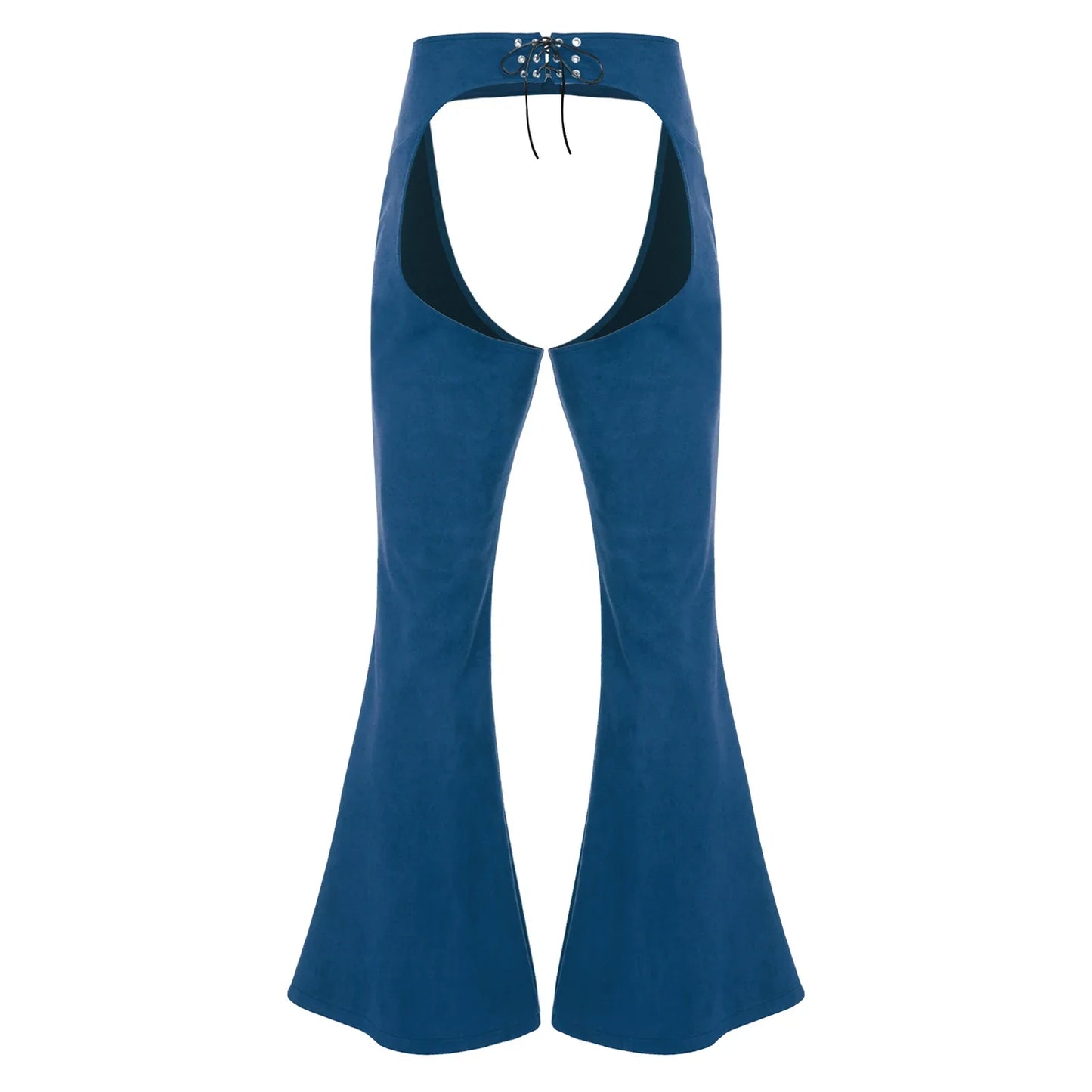 Womens Faux Suede Leather Cowboy Pants Vintage Adjustable Waist Hollow Out Bell Bottoms Biker Pants Riding Motorcycle Trousers