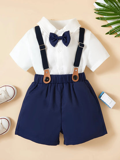 Chemise à manches courtes et short à bretelles pour garçons, robe de soirée décontractée pour gentleman, ensemble deux pièces, été
