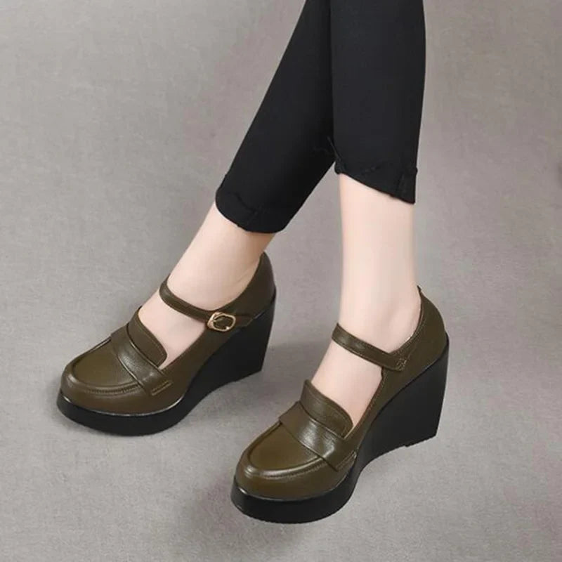 GKTINOO 2025 Compensées Chaussures Femme Printemps Automne À Enfiler Talons Hauts Bout Rond Cuir Véritable Décontracté Plateforme Dames Chaussures Femme