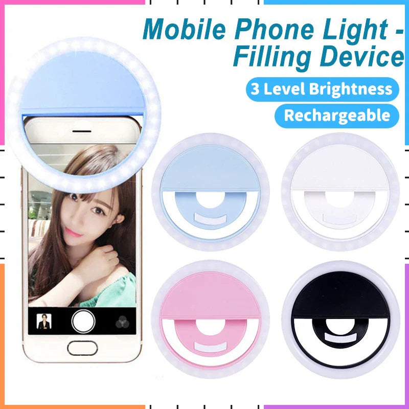 Mini Anneau Lumineux LED Rechargeable, Éclairage à 3 Niveaux, pour Téléphone, Tablette et Ordinateur Portable