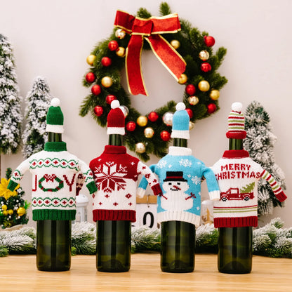 Ensemble de bouteilles de vin de noël tricotées créatives, couvre-bouteille de vin, manches, bonhomme de neige du père noël, nouvel an, décor de Table à dîner