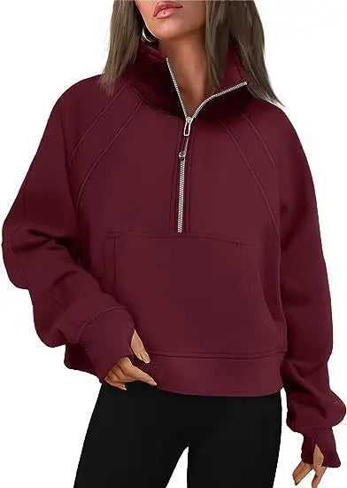 Sweat-shirt à col montant pour femme, sweat à capuche pour document solide, manches longues, poche adt, demi-fermeture éclair, pull sportif, haut streetwear, printemps, automne