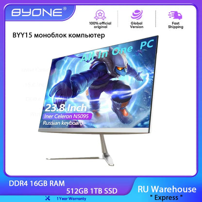 BYONE BYYI5 PC Tout-en-un 23,8 pouces DDR4 16 Go RAM 512 Go SSD Windows 11 Inter Celeron N5095 Ordinateur de bureau Ordinateurs portables de jeu