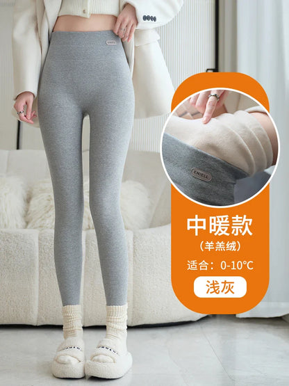 Leggings 420g 92% coton avec doublure polaire pour vêtements d'hiver, polaire d'agneau épaisse en coton pour femmes, pantalon chaud gris taille haute