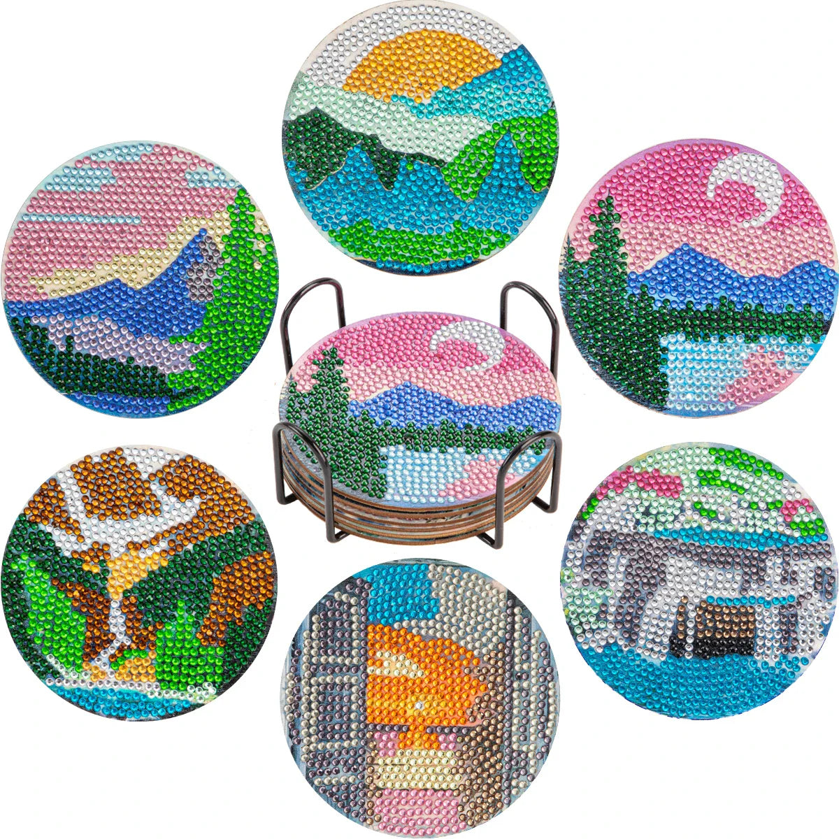 6Pcs DIY Diamond Painting Coasters Mandala Flowers 5D Full Drill Diamond Art Non Slip Coasters with Holder Ideal Christmas Gift