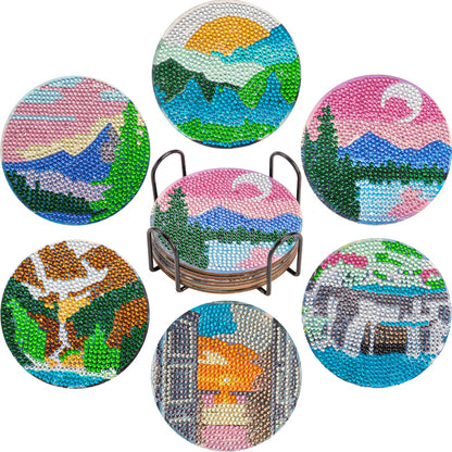 6Pcs DIY Diamond Painting Coasters Mandala Flowers 5D Full Drill Diamond Art Non Slip Coasters with Holder Ideal Christmas Gift