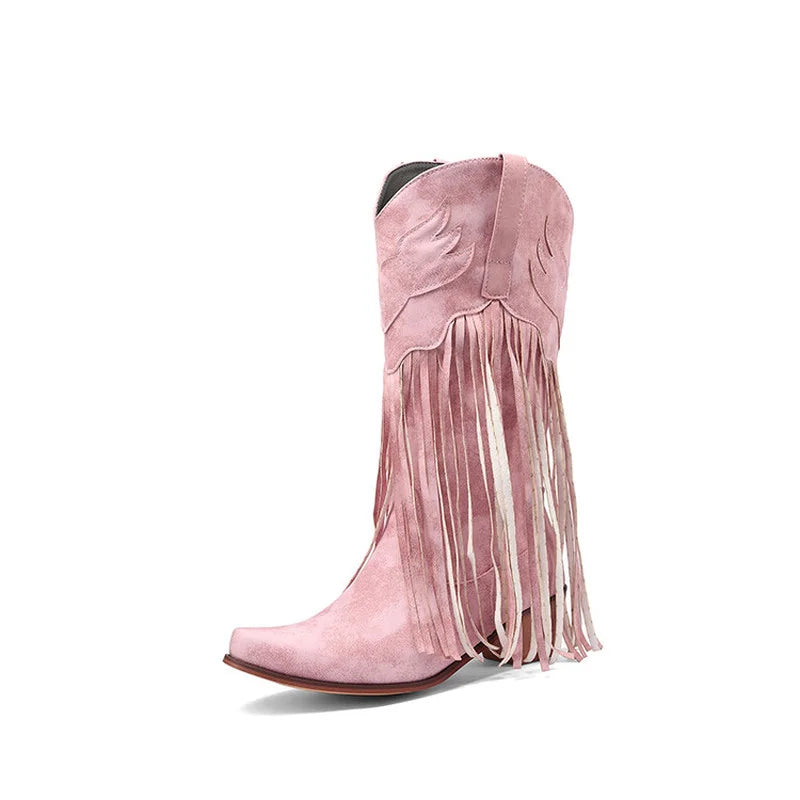 Nouvelles bottes de cowboy rétro ethniques pour femmes avec pompon à talon moyen, chaussures d'hiver pour femmes