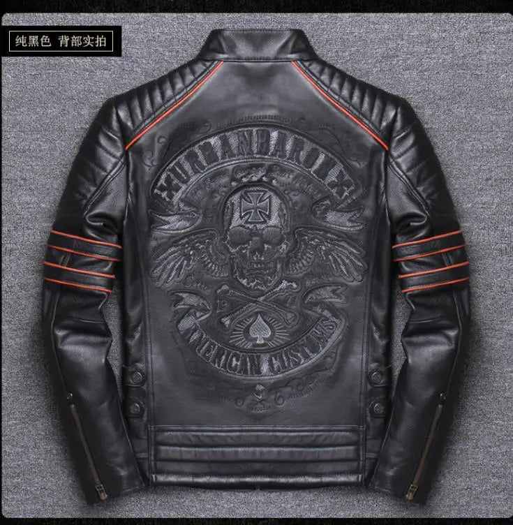 CC Shop.Brand skull cowhide coat.8XL Plus black slim genuine leather jacket,Rider leather cloth.Chaqueta de cuero esqueleto