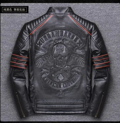 CC Shop.Brand skull cowhide coat.8XL Plus black slim genuine leather jacket,Rider leather cloth.Chaqueta de cuero esqueleto