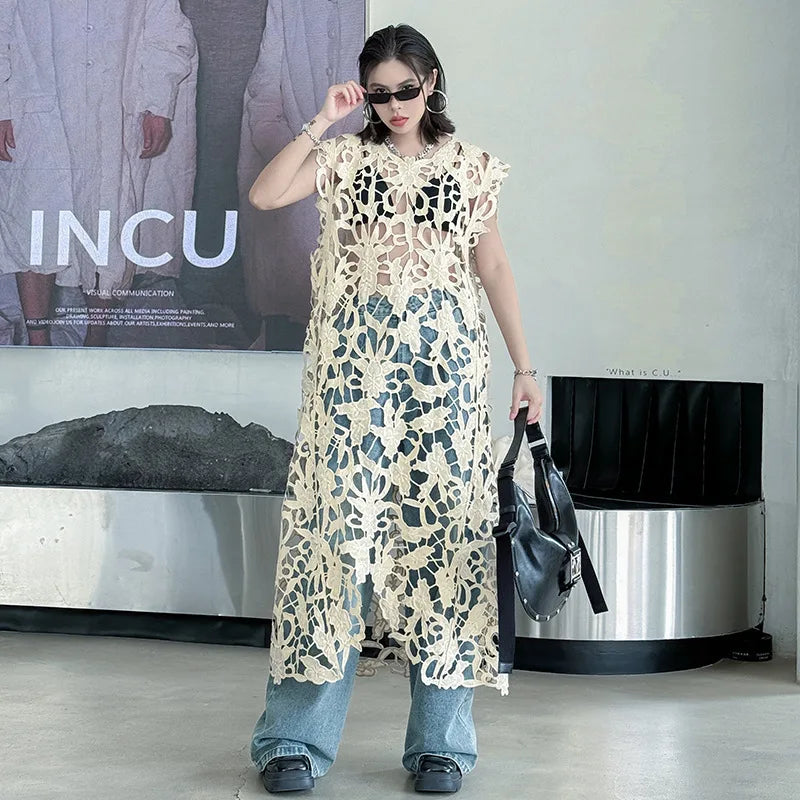 [EWQ] Chic belle Robe européenne à la mode femmes vêtements crochet à motifs découpe Robe sans manches Robe noire 2025 été nouveau