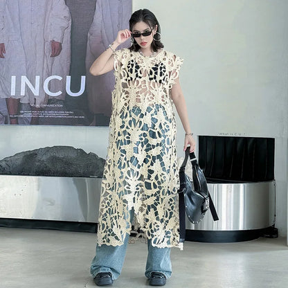 [EWQ] Chic belle Robe européenne à la mode femmes vêtements crochet à motifs découpe Robe sans manches Robe noire 2025 été nouveau