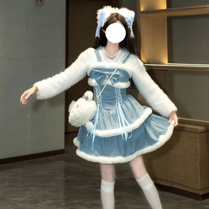 NONSAR-Ensembles de robes Lolita Kawaii japonaises pour femmes, châle à capuche, nœud, mini robe à bretelles, style coréen, doux, rouge, Noël, nouvel an imbibé