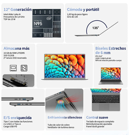 TECLAST F16 Pro 15.6 inch Laptop 16GB RAM 512GB SSD Computers for Intel N95 CPU 1920x1080 IPS Backlit Keyboard Mini-HDMI WiFi 6 USB3.2 F16Pro Notebook