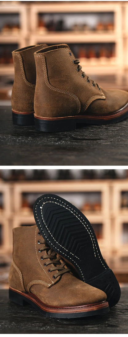 Bottes de Moto rétro en cuir de vache, montantes, durables, soudées Goodyear, chaussures de marche résistantes à l'usure pour hommes