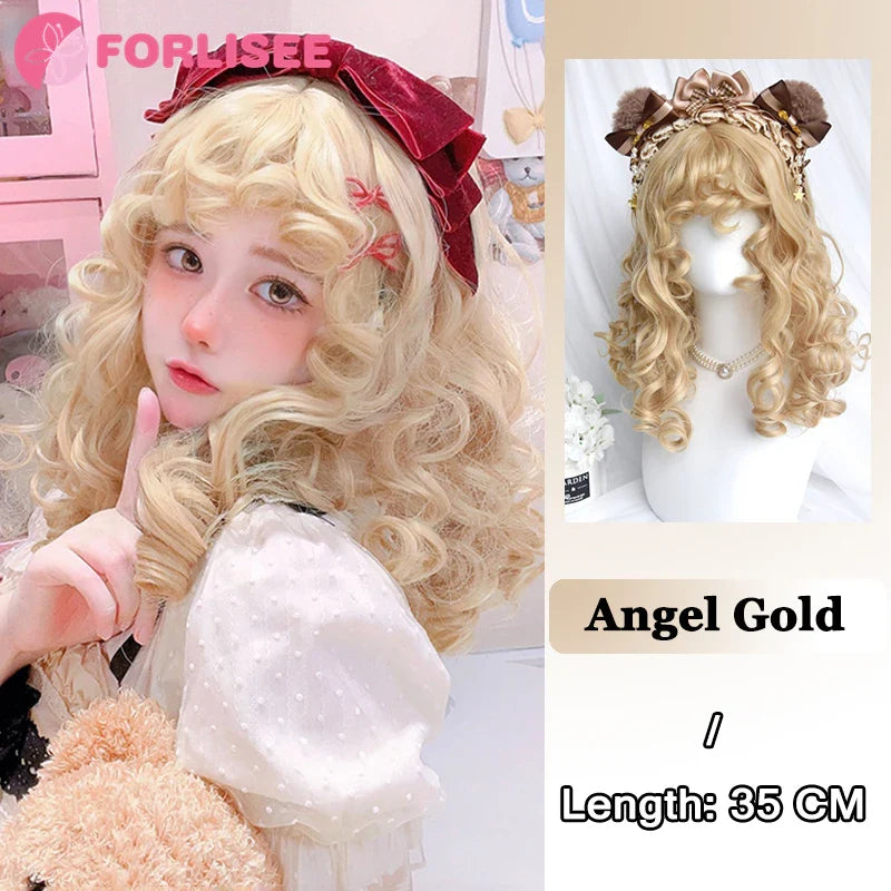 Pink Blonde Highlights Long Wavy Wig Synthetic Colorful Lolita Cosplay Hair Wigs with Bangs for Women Heat Resistant Daily Use