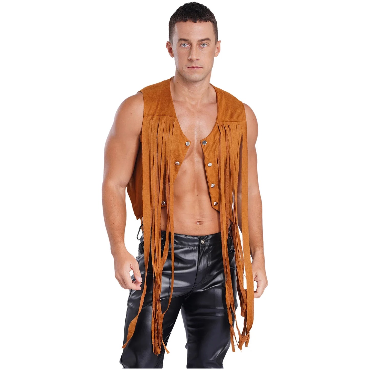 Gilet de costume de cosplay cow-boy occidental pour hommes, gilet hippie disco années 60, en faux daim, avec pompons, cardigan pour fête costumée d'Halloween ou de carnaval