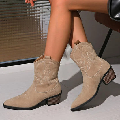 New Embroidered Pointed Toe Short Boots Shoes Autumn Chunky Heel Knight Boots Retro Slip on Western Cowboy Botas De Mujer 2025