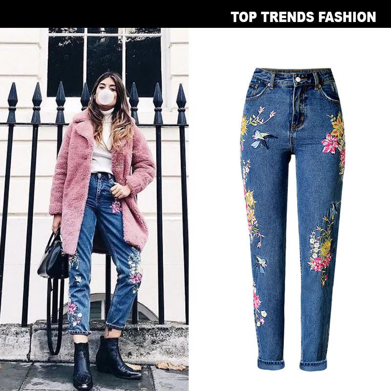 2023 Women Chic Floral Embroidered High Waist Jeans Straight Full Pants Fashion Streetwear Korean Style Cotton Denim Trousers