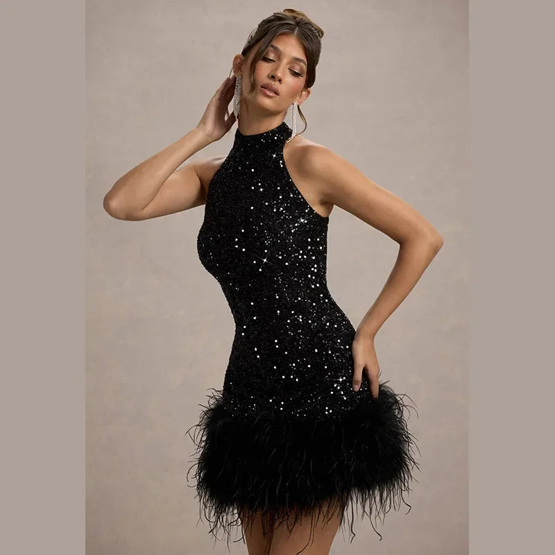 Robe élégante en Patchwork de plumes et de paillettes, col licou, sans manches, épaules dénudées, taille cintrée, Slim, Robe de soirée pour dames