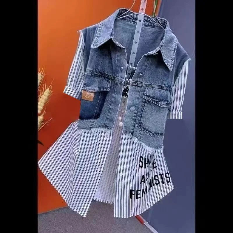 Blouson en jean pour femme Faux deux chemises en jean 2025 Nouvelle collection printemps été automne Décontracté Mode Joker Couture Rayé Hauts Manteau Femme
