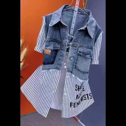 Women's denim jacket, fake two denim shirts, new spring-summer autumn 2025 collection, casual fashion, Joker stitching, striped tops, feminine coat