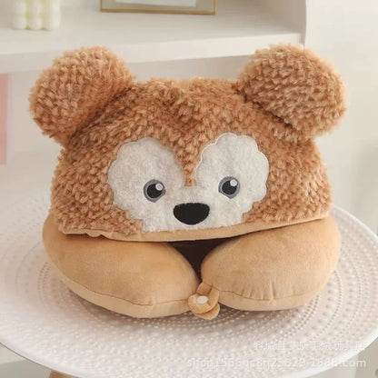 Cartoon plush Stitch Ling Nabelle U-shaped pillow with hooded neck pillow travel car plane office nap artifact girl gifts