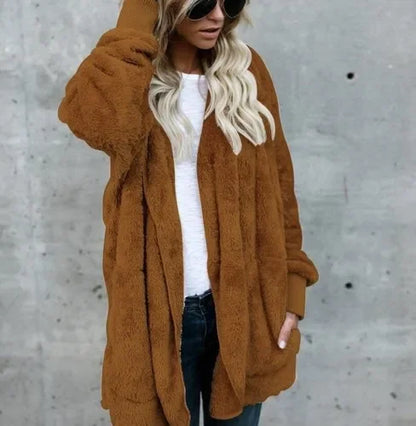 Winter Double Fleece Cardigan Jacket Autumn Women Solid Color Long Sleeve Plush Warm Hooded Lady Jacket Oversized Outerwear Coat