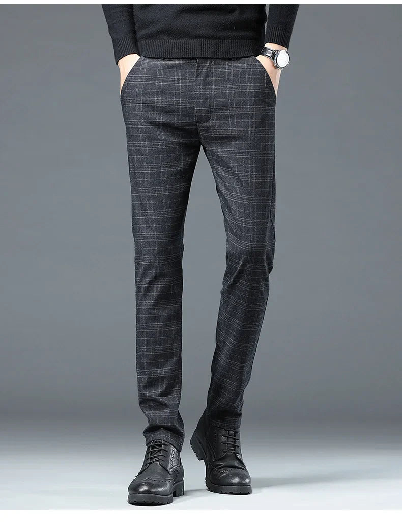 Autumn Winter New Fleece Thickened Casual Pants Men Business Straight Slim Plaid Pants Black Gray Men's Warm Trousers