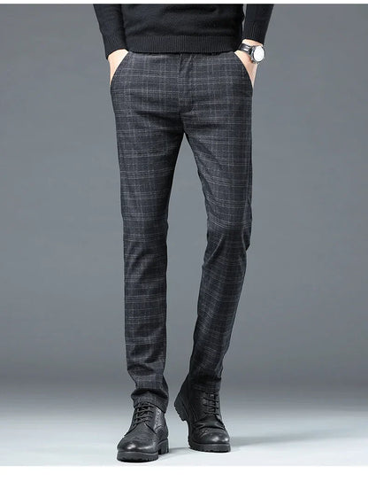 Autumn Winter New Fleece Thickened Casual Pants Men Business Straight Slim Plaid Pants Black Gray Men's Warm Trousers